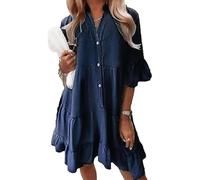 XUANXUANQZ Robe en Jean Alltoright, Robe D'été À Volants Et Col en V, Aspect Denim Léger, Coton Lavé, Manches Mi-Longues (Bleu Marine,3TG)