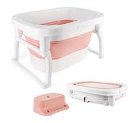 XUANYU Baignoire Pliable avec Tabouret de Douche et Trou de Drainage Portable, Baignoire de Bain Autonome pour Nouveau-nés, Baignoires en Plastique PP+TPE, Drainage Rapide (Rose B)
