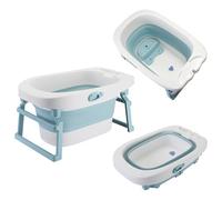 XUANYU Baignoire Pliable avec Tabouret de Douche et Trou de Drainage Portable, Baignoire de Bain Autonome pour Enfant, Baignoires en Plastique PP+TPE, Drainage Rapide (Bleu A)