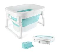 XUANYU Baignoire Pliable avec Tabouret de Douche et Trou de Drainage Portable, Baignoire de Bain Autonome pour Nouveau-nés, Baignoires en Plastique PP+TPE, Drainage Rapide (Bleu B)