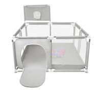 XUANYU Parc Bébé en Tissu Oxford, 126 x 126 x 66 cm, Parc de Jeux avec Barrières, 8 Ventouses, 50 Petit Balles et Panier de Basket, Centre d'activités pour Intérieur/Extérieur (Gris clair)