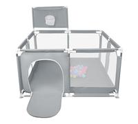 XUANYU Parc Bébé en Tissu Oxford, 126 x 126 x 66 cm, Parc de Jeux avec Barrières, 8 Ventouses, 50 Petit Balles et Panier de Basket, Centre d'activités pour Intérieur/Extérieur (Gris)