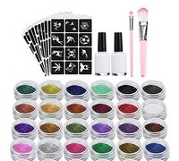 XUBX Kit Tatouage Paillettes, Set Tatouages Temporaires avec 24 Couleur, 120 Pochoirs, 2 Pinceaux, 2 Colles, Imperméable Glitter Tatouages Temporaire Coffret pour Le Corps-Enfant, Adult