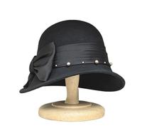 XUCZHAI Chapeau cloche d'hiver élégant en feutre à bord incliné for femme, chapeau melon avec ruban et perles, seau accent, de fête d'église(Black)