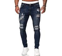 XUEBIN Jean Déchiré for Homme, Pantalon en Denim Vieilli, Coupe Slim, Coupe Droite, Confortable, Taille Flexible, Jean Classique Jeans pour Hommes(Dark Blue,M)