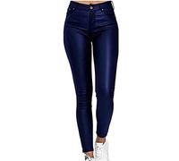 XUEBIN Pantalon en cuir PU taille haute pour femmes coupe ajustée jambe droite Bleu L
