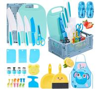 XueerQueer Set de Cuisine pour Enfants - 30 Pièces avec Couteaux Antidérapants, Planche à Découper, Grembiule et Accessoires Montessori pour Apprendre à Couper Fruits et Légumes (Bleu)