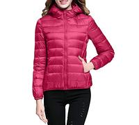 XUEJIANN Doudoune d'hiver légère pour femme, veste d'extérieur pour femme, veste d'hiver décontractée en duvet unie avec capuche, doudoune d'extérieur pour femme, rose vif, L