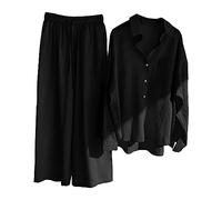 XUEJIANN Ensemble de tricot pull rétro grande taille coton chemise boutonnée taille haute pantalon ample pantalon long manteau femme, Noir , L