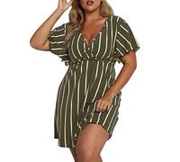 XUEJIANN Robe longue à rayures verticales pour femme - Col en V - Robe décontractée grande taille - Noir - Robe de chambre courte - Robe d'été légère, vert militaire, XL