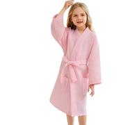 XUEMML Peignoir en Coton Gaufré for Enfants Filles, Peignoir Kimono À Carreaux en Nid d'abeille for Filles De 6 À 15 Ans(Roze,10-15 T)