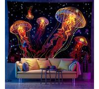xueneige Tapisserie crâne noir réactif aux UV méduse néon champignon accroche murale art psychédélique pour fête d'Halloween brillant dans le noir chambre à coucher salon décoration intérieure