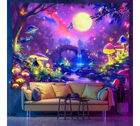 xueneige Tapisserie Forêt Blacklight Réactive aux UV Champignons néon Décoration murale Art psychédélique pour fête d'Halloween Brille dans le noir Décoration pour chambre à coucher Salon