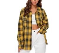 xuergu Chemise surdimensionnée en flanelle à carreaux pour femme - Col à revers boutonné, haut à manches longues, jaune, S