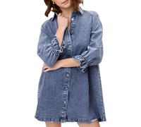 xuergu Femme Robe en jean ample à manches 3/4 avec boutons - Débardeur décontracté à manches lanterne et à manches bouffantes - Mini robe fluide en jean, bleu clair, S