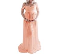 xuergu Robe de photographie de maternité couleur unie épaules dénudées robe en mousseline de soie avec fente sur le devant longue robe de séance photo de grossesse, rose, M