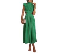 xuergu Robe longue d'été sans manches pour femme, col montant, dos nu, découpe, taille haute, plissée et fluide, Vert, M