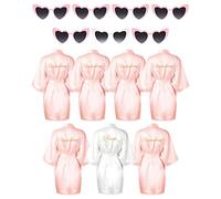 Xuhal Lot de 7 peignoirs de mariée et de demoiselle d'honneur en satin avec lunettes de soleil en forme de cœur, rose/blanc, taille unique