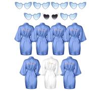 Xuhal Lot de 7 robes de demoiselle d'honneur en satin avec lunettes de soleil en forme de cœur, Bleu clair, blanc, taille unique