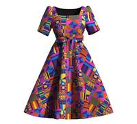 XUHOGU Africaine Ethnique tribale Kente Imprimer Robe Courte pour Les Femmes Plus Taille colorée Robe de fête décontractée Lumineuse avec Ceinture