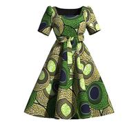 XUHOGU Africaine Ethnique tribale Kente Imprimer Robe Courte pour Les Femmes Plus Taille colorée Robe de fête décontractée Lumineuse avec Ceinture