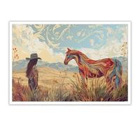 XUHZNXPW Affiche unique de cowboy occidental et de cheval sauvage ouest nature steppe paysage art cowgirl fleurs sauvages plantes fleurs animaux plantes imprimés floraux pour maison, chambre à
