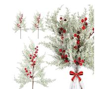 XUJIAN Kit de Noël 6 Pièces, Tiges de Baies Rouges, Branches de Pin avec Neige, 19 Pouces, Faux Cèdre Givré, Sapin de Noël Artificiel