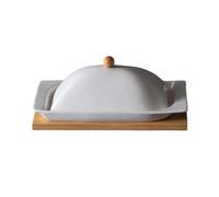 XUJUAN-0227 Beurrier rectangulaire en céramique blanche avec couvercle - Beurrier de grande capacité avec plateau en bois