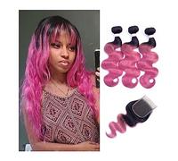 XUJUAN-0227 Extensions de cheveux humains Remy, 2/3 paquets, avec fermeture, dentelle transparente, ondulations corporelles, 35,4 cm, rose ombré, couleur rose (22, 22, 22 avec 14)