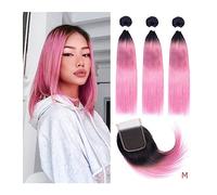 XUJUAN-0227 Extensions de cheveux humains Remy avec fermeture 4 x 4, dentelle transparente, droit, 25-55 cm, rose rouge (12, 12 avec 10)