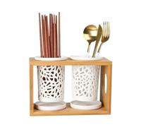 XUJUAN-0227 Lot de 2 porte-ustensiles en céramique avec support en bois de bambou, porte-ustensiles de cuisine pour comptoir, organiseur d'ustensiles avec plateau de drainage et porte-couverts