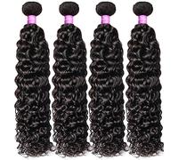 XUJUAN-0227 Lot de 3/4 extensions de cheveux humains brésiliens ondulés à l'eau - Extensions de cheveux humains Remy naturels noirs (10, 12, 14, 16)