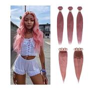XUJUAN-0227 Lot de 3 paquets de cheveux humains brésiliens raides avec fermeture - Extensions de cheveux humains brésiliens rapides (12, 14, 16 + 10 closure)