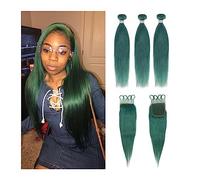XUJUAN-0227 Lot de 3 paquets de cheveux humains Remy avec fermeture - Cheveux humains brésiliens raides avec fermeture (10, 12, 14 + 8 closure)