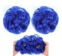 XUJUAN-0227 Messy Bun - Postiches en caoutchouc - Chignon désordonné - Tendance - Pour fille - Cheveux bouclés - Avec élastique - Pour femme - Bleu