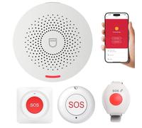 XUK Bracelet Alarme Personne Agee WiFi, Système d'Alerte Intelligent Compatible Tuya, Smart Life et Alexa - Bouton d’Urgence Étanche sans Fil 200 m avec Récepteur, Volume Réglable (Pack de 4 produits)