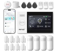 XUK Systeme Alarme Maison sans Fil - sans Abonnement ni Frais Mensuels - Kit Alarme Maison Complet avec Écran Tactile, Détecteur de Mouvement, Détecteur d’Ouverture, Sirène - Works with Alexa