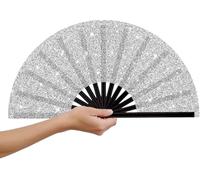 XULIDEONG Éventail à Main, 33CM Eventail Argenté Geant, Éventail Pliant Brillant, Eventails à Main, Éventail Rave, pour Danse, Mariage, Fête, Spectacle, Festival de Musique, Décoration de Maison