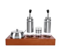 XUMIUZIY Distributeur de Condiments en Acier Inoxydable avec Base en Bois | Récipient de vinaigre d’huile de sauce de soja, support d’assaisonnement de table de cuisine, caddie en bois de chêne,