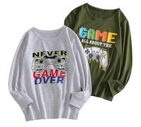 Xumplo Lot de 2 t-shirts à manches longues pour garçons - T-shirts de jeu pour enfants et adolescents - Col rond - Imprimé lettres (blanc/vert), Chemise Blanche Verte, 7-8 ans