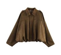 Xunger Blouson aviateur en daim synthétique pour femme - Manteau de pilote à revers décontracté surdimensionné à manches longues - Vêtement d'extérieur tendance, marron, Taille M