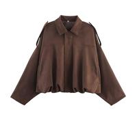 Xunger Blouson aviateur en daim synthétique pour femme - Manteau de pilote à revers décontracté surdimensionné à manches longues - Vêtement d'extérieur tendance, 01 poche café, Medium