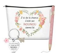 Xuniea 3 Cadeau Nounou Porte Clef Trousse de Toilette Pochette de Maquillage Stylo à Bille Rétractable Cadeau Remercier Nounou pour Noël Anniversaire Fin d'Année Fin Contrat(Meilleure nounou)