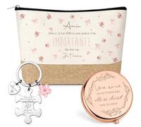 Xuniea 3 Pièces Cadeau de Meilleure Amie Trousse de Maquillage Patchwork en Lin Porte-Clés Puzzle Miroir de Poche de Couleur Or Rose Cadeau pour Femme Anniversaire Amitié Noël Mariage