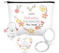 Xuniea 3 Pièces Set Cadeaux Retraite pour Femme Collègue 1 Trousse à Cosmétiques de Merci 1 Miroir de Maquillage avec Loupe 1 Porte-Clés de Départ pour Adieu Anniversaire Employé Infirmière Travail