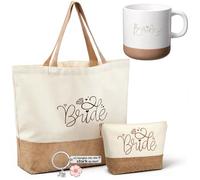 Xuniea 4 Pièces Cadeau Mariée avec Sac en Jute Bride, Trousse Maquillage, Tasse et Porte Clés, Cadeau pour Mariage, Enterrement de Vie de Jeune Fille, Fiançailles, Préparatifs de Noces