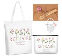 Xuniea 4 Pièces Set Cadeau Retraite Femmes Sac Retraite Tote Bag Trousses à Maquillage Porte-Clés Carte de Vœux en Papier Kraft Cadeau de Départ pour Collègue Maîtresse Amis Noël