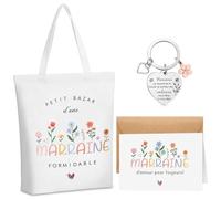 Xuniea 4 Pièces Set Cadeaux pour Marraine Noël Sac Fourre-Tout pour Marraine Porte Clé Merci Carte de Vœu avec Enveloppe Cadeaux pour Demande Annonce Naissance Baptême Communion Surprise