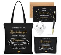 Xuniea 6 Pièces Cadeau d'Adieu Collègues Changement de Poste Sac de Transport Trousse à Maquillage Porte-Clés Stylo à Bille Carte Cadeau de Merci pour Noël Retraite(Arbeit ist wie ein Banküberfall)