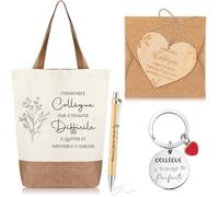 Xuniea 6 Pièces Set Cadeaux Départ Collègue de Travail Sac Cabas en Coton Lin Cadeau d'Adieu Retraite Noël Carte de Bois en Forme Coeur Stylo à Bille Porte Clef Merci(Le hasard a fait des Collègues)